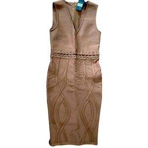 Hot Miami Styles Caramel V Neck Bandage Bodycon Dress